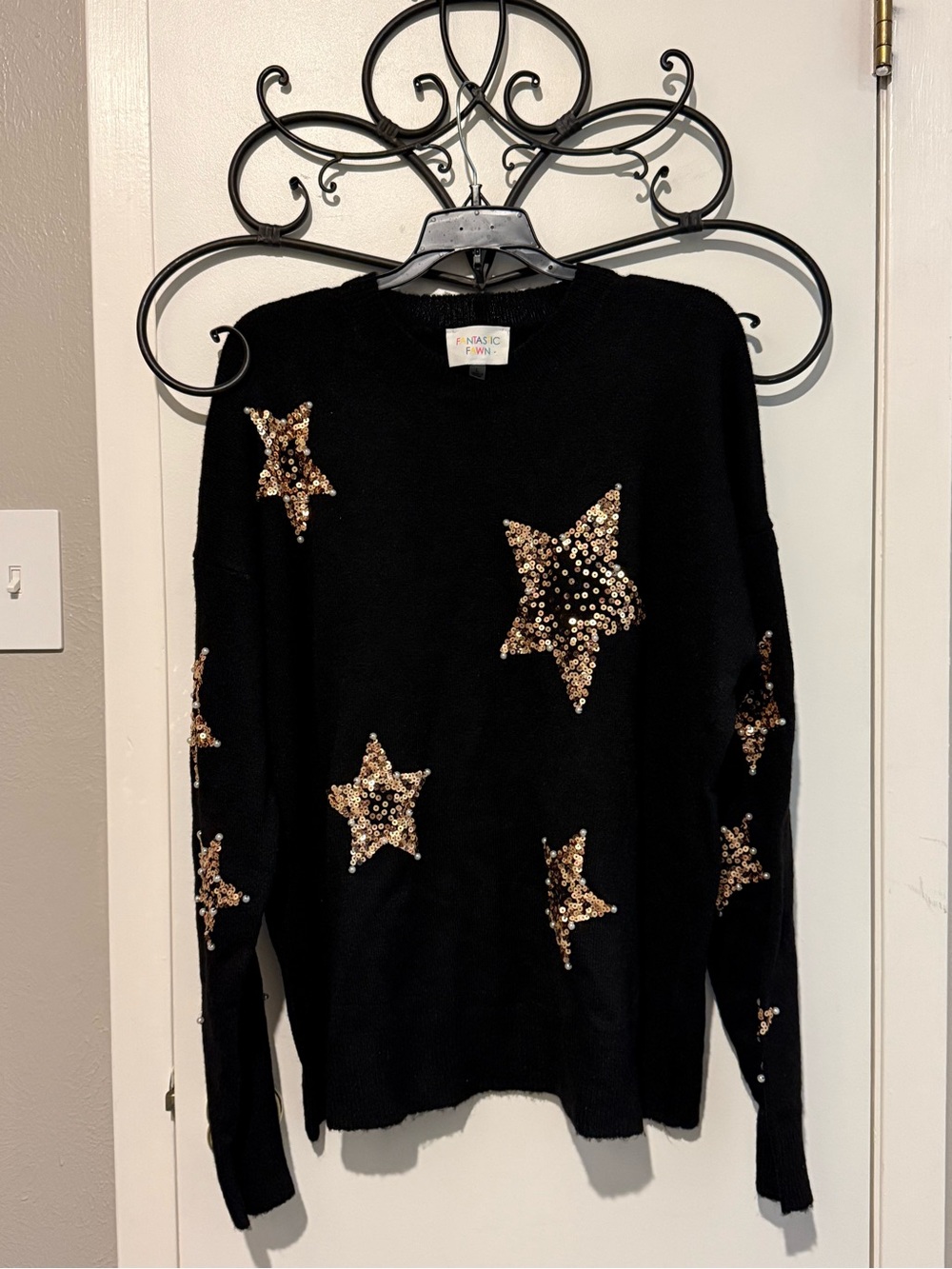 Fantastic Fawn Black Crewneck Sweater with Gold Sequin Stars